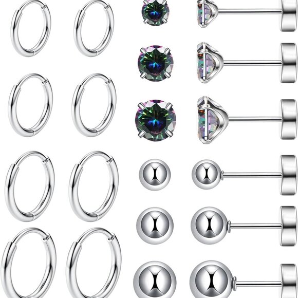 10 Pairs Hypoallergenic Surgical Steel Earring Set with CZ Studs and Hoops for S - Picture 1 of 7